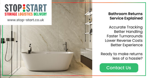 image of a modern white bathtub standing in a beautiful modern bathroom with marble walls and glass shower doors. Text: Bathroom Returns Service Explained.