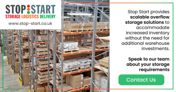 image of a storage warehouse at the stop start warehouse in worcester, with text which reads: Stop Start provides scalable overflow storage solutions to accommodate increased inventory without the need for additional warehouse investments. Speak to our team about your storage requirements