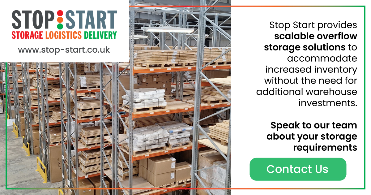 image of a storage warehouse at the stop start warehouse in worcester, with text which reads: Stop Start provides scalable overflow storage solutions to accommodate increased inventory without the need for additional warehouse investments. Speak to our team about your storage requirements