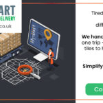 image on the left hand side with a cartoon van with a big load of cardboard boxes to deliver, and a screen with a delivery map next to it. Text on the right hand side reads: Tired of coordinating deliveries from different suppliers? We handle everything in one trip – from sinks and tiles to heating systems and appliances. One seamless solution for your entire project. Simplify your deliveries. #ProjectLogistics #OneStopSolution #SeamlessDelivery #Construction