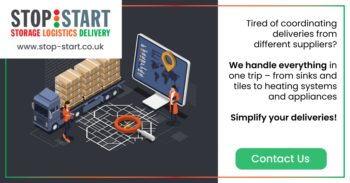image on the left hand side with a cartoon van with a big load of cardboard boxes to deliver, and a screen with a delivery map next to it. Text on the right hand side reads: Tired of coordinating deliveries from different suppliers? We handle everything in one trip – from sinks and tiles to heating systems and appliances. One seamless solution for your entire project. Simplify your deliveries. #ProjectLogistics #OneStopSolution #SeamlessDelivery #Construction