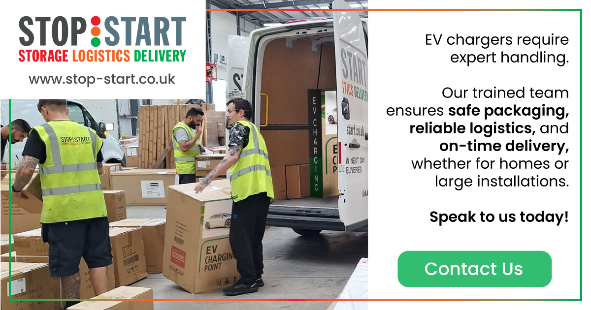 image of the stop start team loading up EV chargers carefully onto a stop start branded van