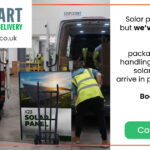 stop start deliver solar panels and other fragile products. Image of the stop start team loading up solar panels into their branded stop start vans for next day delivery.