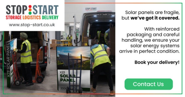 stop start deliver solar panels and other fragile products. Image of the stop start team loading up solar panels into their branded stop start vans for next day delivery.