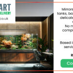 photo of a large fish tank covering the entire wall of a room. on the right side is test which reads: Mirrors, sculptures, fish tanks, balustrades – if it’s delicate, we transport it with expert care. No matter the size or complexity, we deliver with precision. Based in Worcester, our service is Nationwide