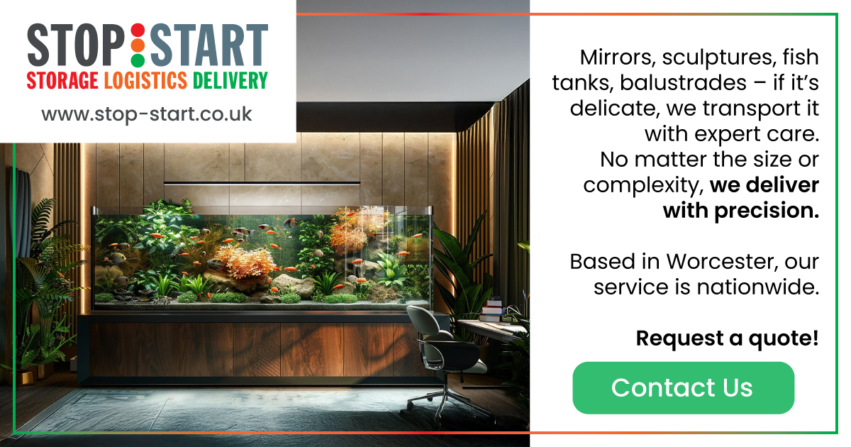 photo of a large fish tank covering the entire wall of a room. on the right side is test which reads: Mirrors, sculptures, fish tanks, balustrades – if it’s delicate, we transport it with expert care. No matter the size or complexity, we deliver with precision. Based in Worcester, our service is Nationwide