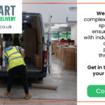 image of stop start delivery drivers loading up a stop start van with large bulky, well packaged items. text says: we understand the complexities of handling specialised goods, ensuring compliance with industry regulations and maintaining