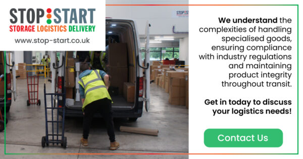 image of stop start delivery drivers loading up a stop start van with large bulky, well packaged items. text says: we understand the complexities of handling specialised goods, ensuring compliance with industry regulations and maintaining