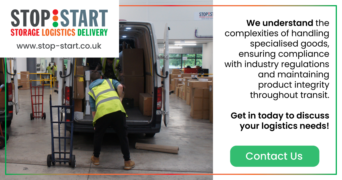 image of stop start delivery drivers loading up a stop start van with large bulky, well packaged items. text says: we understand the complexities of handling specialised goods, ensuring compliance with industry regulations and maintaining